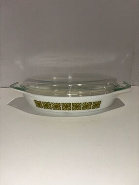 Pyrex Vintage White Glass Casserole Dish with Olive Green Pattern and Clear Lid